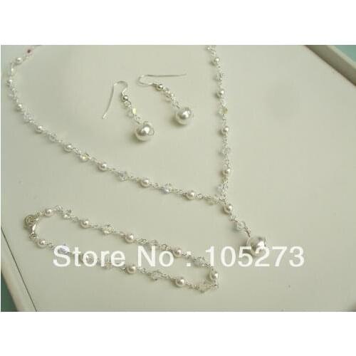 Wholesale Handmade Clear AB Crystal Natural Pearl Bridal Jewellery Set 3-10MM 18'' Necklace 8'' Bracelet S925 Silvers Earrings