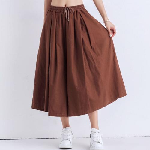 2021 Summer New Summer Wide Leg Pants Elastic Waist Loose Casual Pants Plus Size Womens Skirts Cropped Hakama