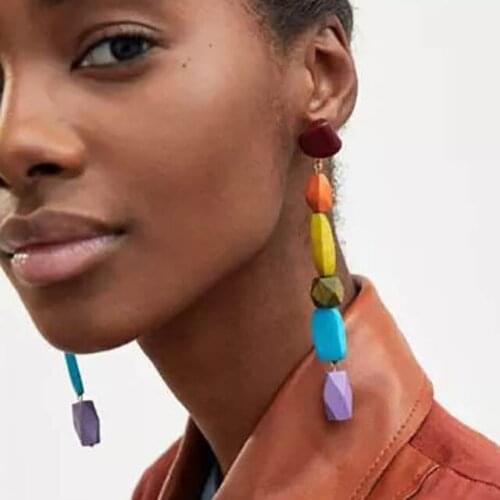 PPG&PGG New Trendy Long Pendant Earrings Women Colorful Wood Beads Earrings Boho Ethnic Za Dangle Drop Earrings Wholesale