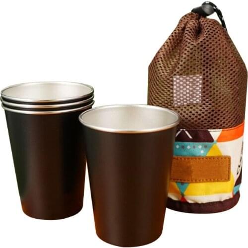 4Pcs Stainless Steel Camping Tumbler Cup with Mesh Bag Picnic Drinking Glass Mug N58B