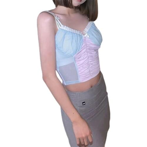 Girls Summer Ruched Decoration Camisole, Ladies Creative Color Matching Sleeveless Midriff-baring Tank Top Slim Base Shirt