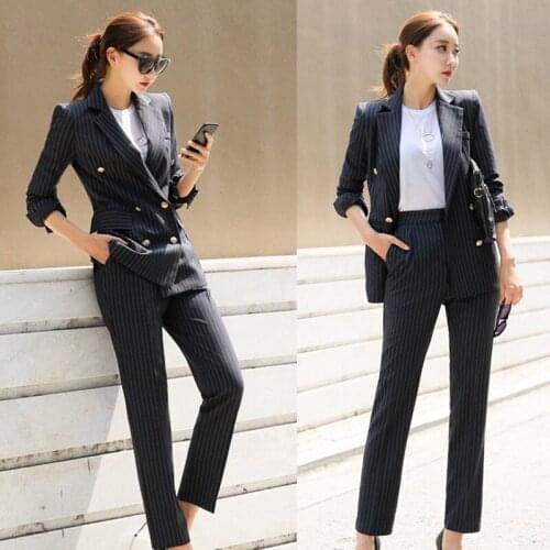 Womens Spring business Pant Suits OL 2 Piece Sets Double Breasted Striped Blazer Jacket&Zipper Trousers Suit For Women Outfits