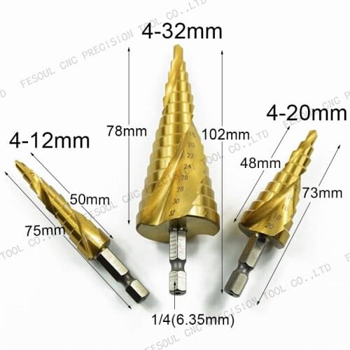 4-12 4-20 4-32 Free shipping 6.35mm shank 3PCS Hexagonal handle HSS,spiral groove,stepped drill,pagoda thin iron plate drill