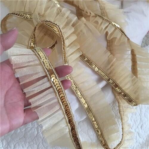 4yard/lot 4.5cm Baby Doll Clothes Gold Sequins Curatin Lace Trim Mesh Pleated Lace Ribbon Consume Dress DIY Accessory X131