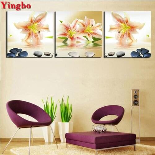 5D Diy square round Diamond Painting Cross Stitch Lily flower stone Diamond Embroidery Rhinestones Painting Mosaic Inlay 3 PCS