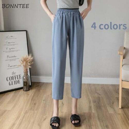 Solid Casual Pants Women Summer Simple 4 Colors Calf-length Leisure Soft Elastic-waist Students Streetwear Breathable All-match