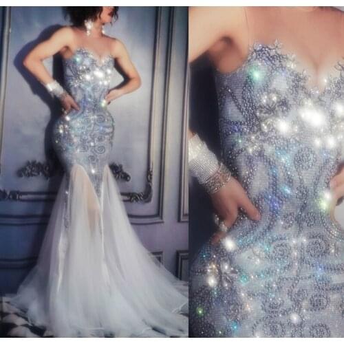 Sparkling Silver Rhinestone Party Mermaid Long Dress Women Sexy Bodycon Birthday Wedding Trailing Dress Singer Stage Costumes