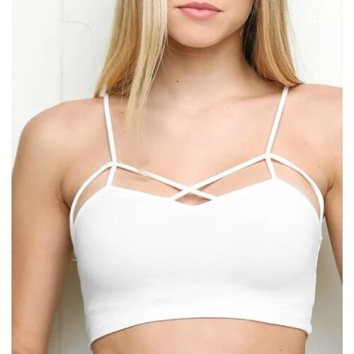 Women Front Cross Strap Tank Top Sexy Slim Lingerie Padded Crop Top Solid Cut-Out Hollow Bralette