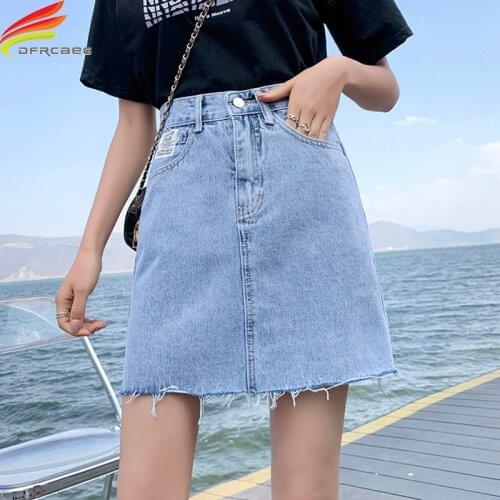 Denim Skirt Women Summer Blue Letter Casual High Waist A Line Denim Skirts High Street Pockets Button All-matched Jeans Skirt