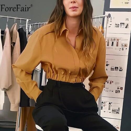Forefair 2021 V Neck Shirt Top Cropped Y2k Autumn Summer Fashion Brown Women Sexy Loose Casual Long Sleeve T Shirts Vintage