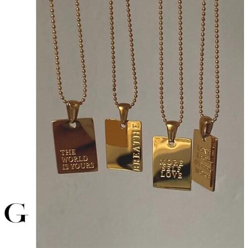 GHIDBK Hot Sale 2021 Stainless Steel Jewelry Minimalist English Words Rectangle Flakes Pendant Beads Chain Chokers Necklaces