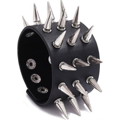 Gothic Punk Rock Black Cuspidal Spikes Rivet Cone Stud Wide Leather Bangle Wrap Charm Wristband Biker Women Men Bracelet Jewelry