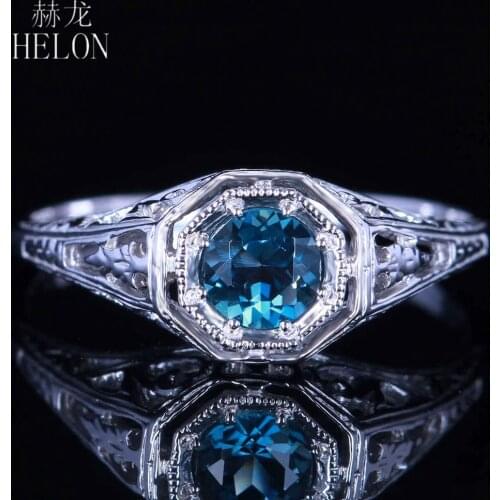 HELON 4.5mm Round Genuine Blue Topaz Ring Art Deco 925 Sterling Silver Engagement Wedding Ring Vintage Antique Style Jewelry