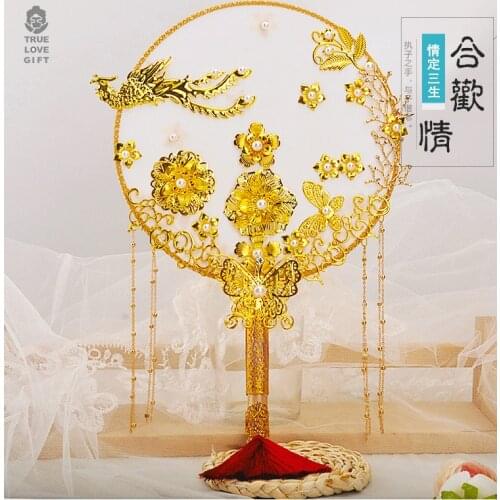 Chinese Wedding Bride Handmade Circular Fan Xiuhe Costume Wedding Ancient Style Flower Golden dropshipping 2021 new arrivals