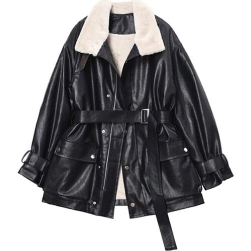 Mid-length PU leather jacket womens autumn and winter new style plus velvet thick warm jacket