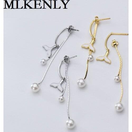 MLKENLY 925 Sterling Silver Drop Earrings Han Feng sweet girl heart fish tail bead synthetic pearl earrings For Women