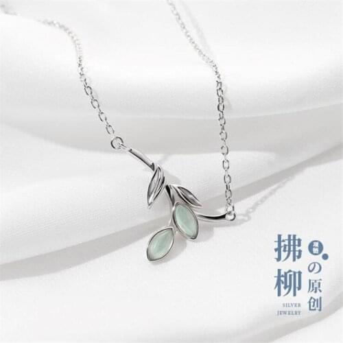 2021Trend Fresh Original Whisk Willow Green Leaf Branch 925 Sterling Silver Clavicle Chain Necklaces For Women Female SN108