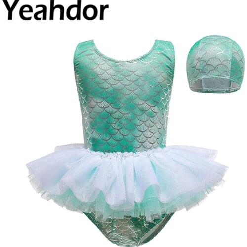 New Kids Girls Swimwear Swimsuit Round Neck Sleeveless Criss Cross at Rear Fish Scale Print Ruffled Mesh Swimming Suit with Hat