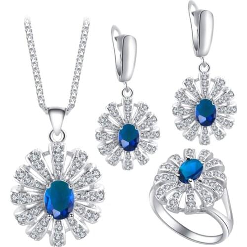 ROLILASON Graceful Fashion Jewelry Round Deep Blue Zircon Silver Stamped Sets Earring Necklace Pendant Rings for Lover JS675