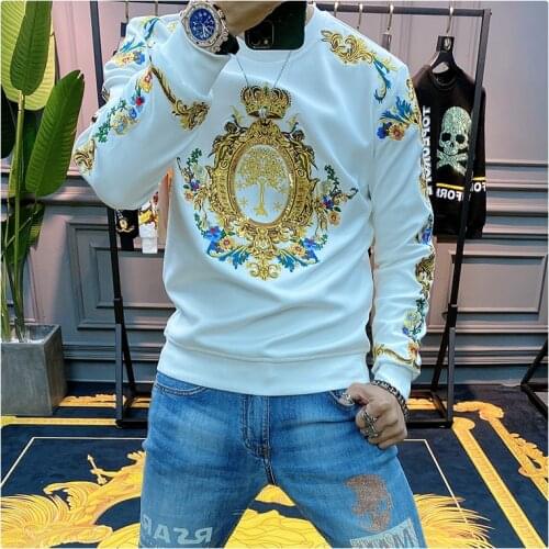 Luxury Gold Black Sudadera Hombre Baroque Embroidery Sequin Crown Sweatshirts Men Club Outwear Sweat Homme Harajuku Sweatshirt