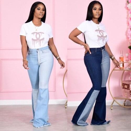 Denim Patchwork Jean Ladies Push Up Trousers Bell Bottom Jeans Pants Women High Waist Flare Streetwear Free Shipping 5xl Spliced