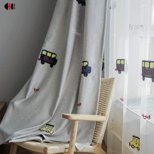 Embroidered Car Curtains for Kids Boy Cartoon School Bus Cotton Linen Grey Blue Nursery Kindergarten Balcony Window Tenda