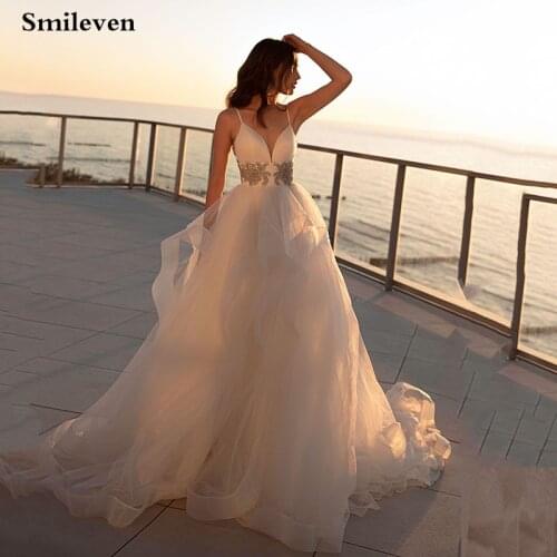 Smileven Spaghetti Straps Tiered Wedding Dress A line Bridal Gowns With Crystal vestido de noiva 2021