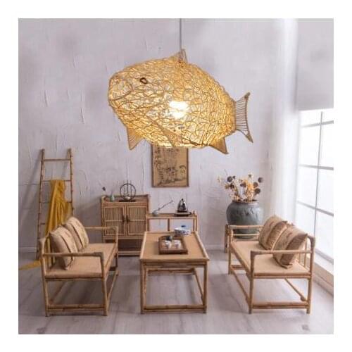 Creative Fish Pendant Lights Hand Woven Rattan Hanging Lamps Restaurant Bedroom Bar Light Fixture Home Teahouse Decoration