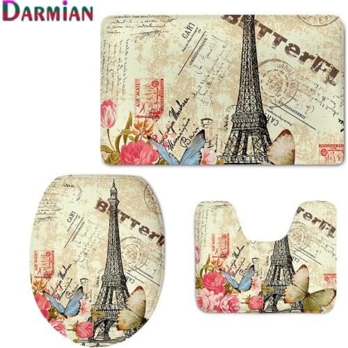 Vintage Fashion Eiffel-tower Printed Bathroom Ground Mat 3Pcs Set Toilet Seat Cover Washable Bath Floor Rugs Carpets Anti-slip
