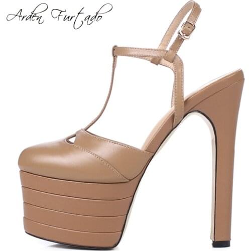 Arden Furtado 2019 summer fashion style woman shoes women T-strap stilettos high heels 15cm platform genuine leather sandals new