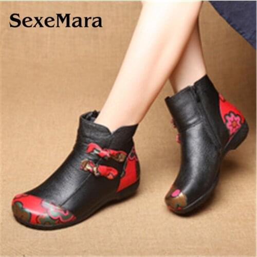 Genuine Leather Women Winter Boots Vintage Floral Ankle Martin Boots Handmade Retro Flower High Heels Zip Female Cowhide Shoes