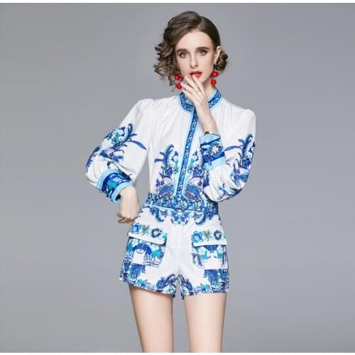 New Fashion Spring Vintage Print Two Piece Set Runway Women Long Sleeve Single-breasted Shirt Tops + Shorts 2PCS Outfits Clothes