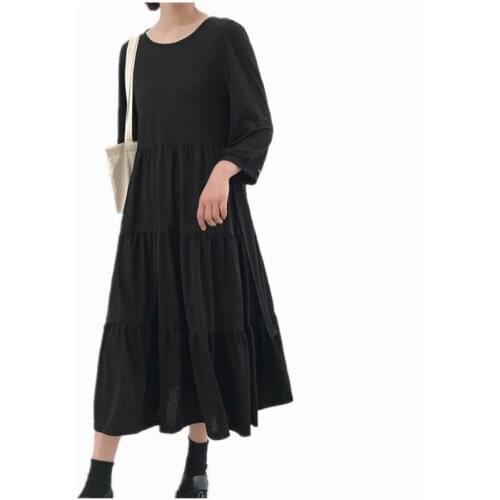 Large Size M-7XL Women Casual Loose Summer Autumn Beach Dress Pure Vintage Three Quarter Sleeve Dress Sexy Round Neck Long Dress