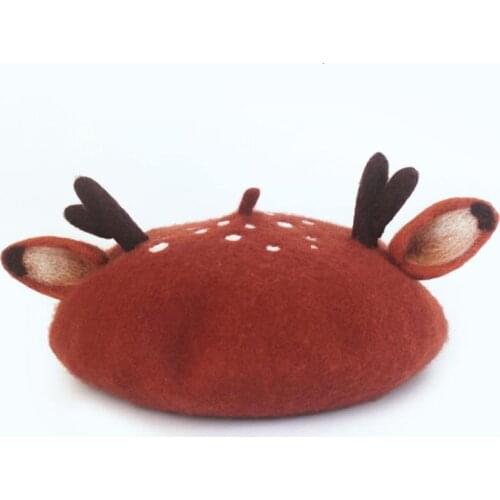 Winter Antler Ears Women Woolen Beret Sweet Warm Cute Wool Hat Christmas Gift Handmade Keep Warm