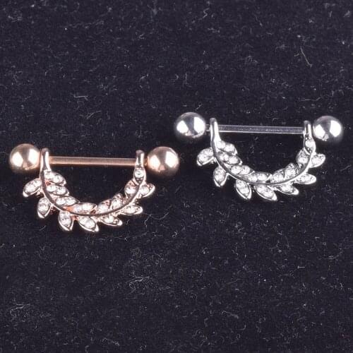 2Pcs Fashion Stainless Steel Rose Gold Nipple Barbell Leaf Rhinestone Sexy Nipple Ring Women Body Piercing Jewelry