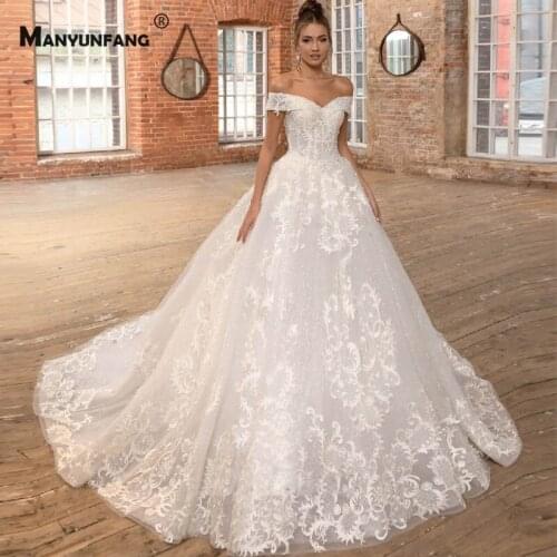 2021 Hot Sale Off the Shoulder Embroidery Appliques Tulle Bridal Ball Gown Elegant Cathedral Train Sweetheart Neck Wedding Dress
