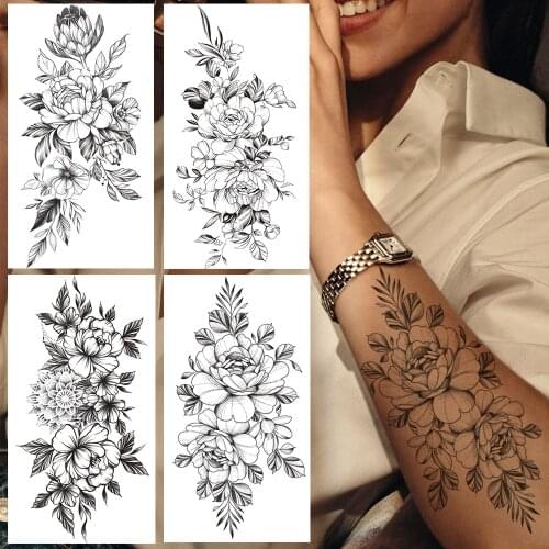 Large Peony Lily Flower Temporary Tattoo For Women Black Mandala Henna Fake Tattoos Arm Hands Creative Sweatpea Leaf Daisy Tatoo