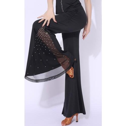Latin Dance Pants Practice Wear Rhinestone Mesh Stitching Ballroom Dancing Trousers Performance Costume Training Dancewear YS168