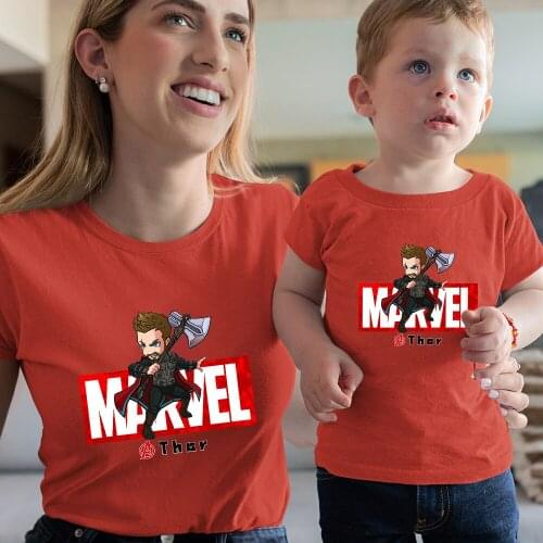 Kids Clothes Boys Girls Tee Family Costumes Harajuku Cartoon Thor Graphic Red Top Woman T-shirt Short Sleeve Couple T shirt