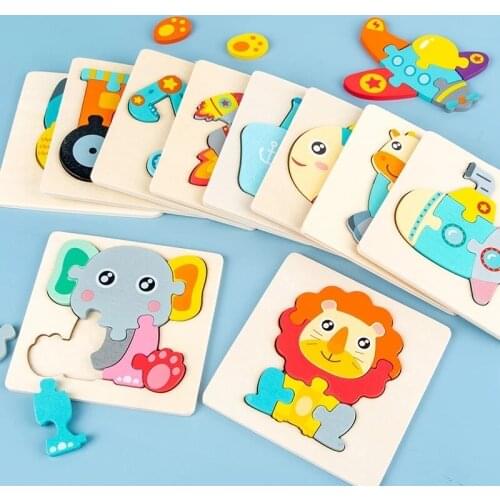 Kids Animal Montessori Puzzle 3D Wooden Toys Cartoon Animals Vehicle Cognitive Jigsaw Puzzle Educational Toys For Children