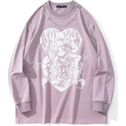 Anime Print T-shirt Harajuku Hip Hop Tshirts Men Chain Decoration Long Sleeve Streetwear Oversized Sweatshirts Casual Tops Tees