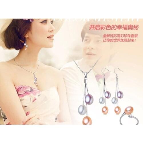 New 3 color 925 Silver Real Genuine Natural Freshwater Pearl Jewelry Set Graceful Gorgeous Wedding Fashion Charm Jewelry Set