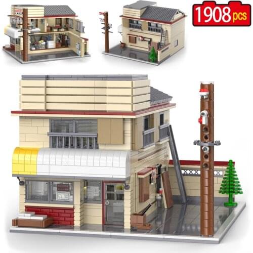 1908pcs City Street View Japanese Style Tofu Shop Store Building Blocks Double-storey House Bricks Toys For Kids Gifts