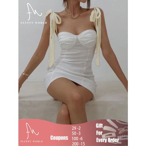 Summer Women Sexy Dress Spaghetti Strap High Waist Bow Bandage Club Elegant Bodycon Mini Sleeveless Dress Casual FLUFFY WORLD