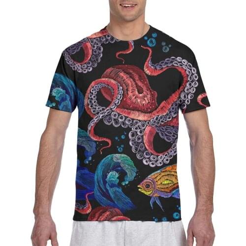 Embroidery Octopus Sea Wave And Tropical Fishes Fashion T-shirt Men 2020 Summer Crew Neck Mens Tshirt Tee Shirts