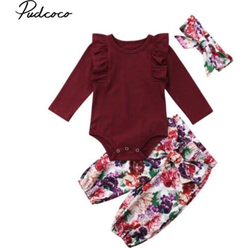 Pudcoco US Stock Fashion Newborn Baby Girls 0-18M Clothe Set Tops Long Sleeve Romper Floral Pants Headband 3PCS Outfits Set