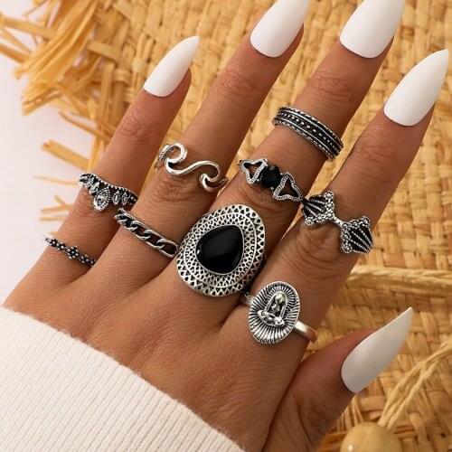 HuaTang 9pcs/set Vintage Big Crystal Joint Knuckle Rings Set for Women Geometric Silver Color Crown Finger Rings Jewelry Anillos