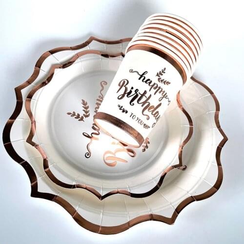 CYUAN Rose Gold Party Disposable Tableware Table Decoration Happy Birthday Paper Cups Plates Baby Shower Anniversary Party Decor