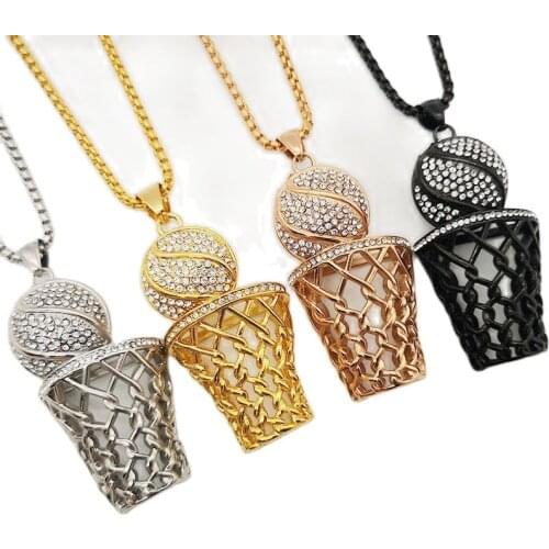 Mens Bling Bling Full Rhinestones Hollow Out Basketball Net Pendant Necklace Stainless Steel Hip Hop Rock Basketball Necklaces