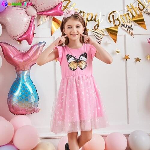 Girl Princess Dress New Summer Kids Flare Sleeve Dresses Sequins Butterfly Children Birthday Party Vestidos Baby Casual Clothing